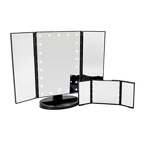 Impressions Vanity Touch and Go Trifold Makeup Mirror Bundle with Brighter Dimmer LED, Adjustable Tabletop and Compact Vanity Mirrors with Standing Base (Black)
