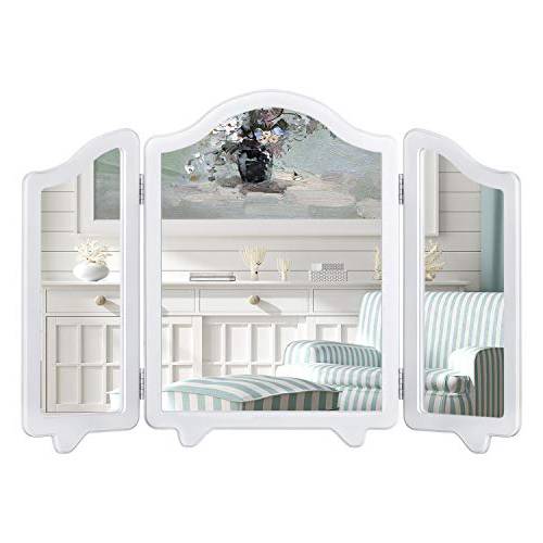 LUXFURNI Hollywood Large Vanity Trifold Makeup Mirror, 3 Side Folding Tabletop Mirror (White)