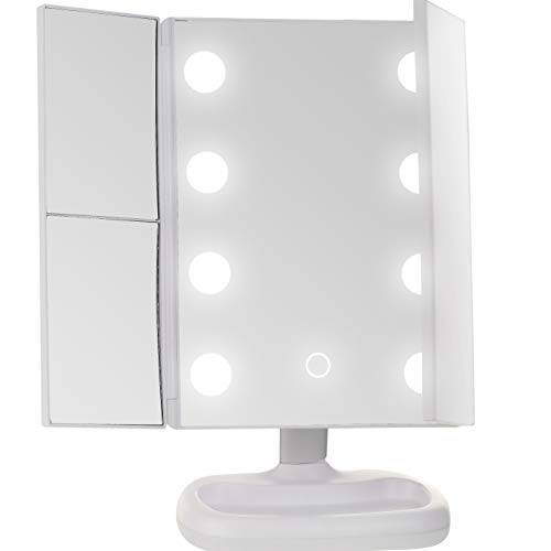 Miss Sweet Lighted Tri-fold Makeup Mirror Vanity Mirror with 1X/2X/3X Magnification (Pure White)
