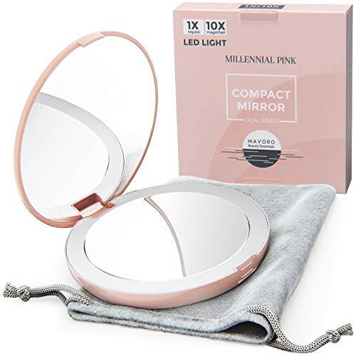 Mavoro LED Lighted Travel Makeup Mirror, 1x/10x Magnification - Daylight LED, Pocket or Purse Mirror, Small Travel Mirror. Folding Portable Mirror, Large - 5 inch (Millennial Pink)