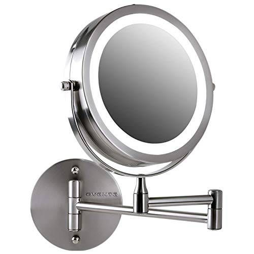 Ovente 6.8 Lighted Wall Mount Makeup Mirror, 1X & 7X Magnifier, Adjustable Double Sided Round LED, Extend, Retractable & Folding Arm, Compact & Cordless, Battery Powered Nickel Brushed MFW70BR1X7X