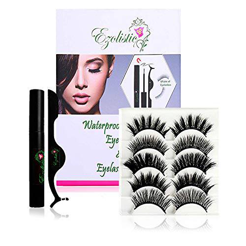 Fake Eyelashes Set (5 Pair) with Magnetic Eyeliner, Tweezer & Storage Box with Mirror - 5X Thick & Long - Natural Looking, Soft & Reusable - Waterproof (1x Magnetic Eyeliner - Thick & Long)