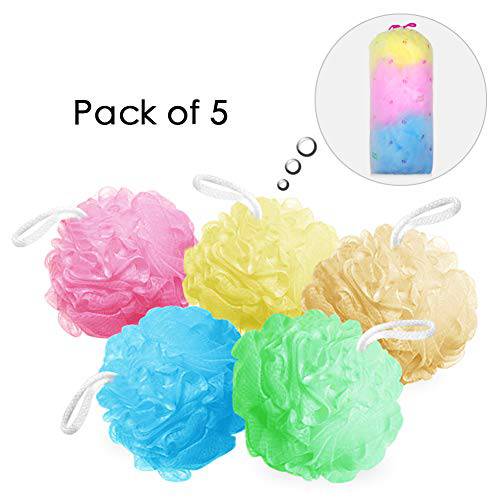 Cosywell Bath Sponges Bath Loofahs Mesh Pouf Shower Wash Ball Large 5 Packs 60g Each Soft Eco-Friendly for Men& Women Cleanse, Smooths Skin, Exfoliating
