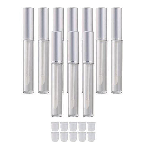 Mxfans 10pcs 3.5ml Lip Gloss Container with Wand Silver Cap Empty Clear Tube Refillable Lip Gloss Bottles with Rubber Stopper for DIY