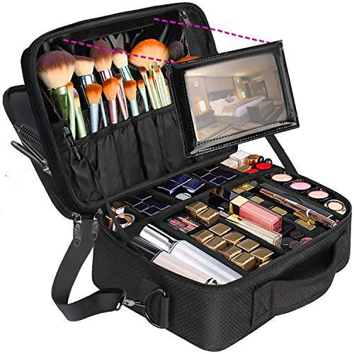 Large Professional Makeup Bag, Travel Cosmetic Train Case Makeup Brush Organizer with Mirror, 3 Layers Makeup Artist Travel Organizer with Adjustable Dividers, Makeup Storage Bags for Women