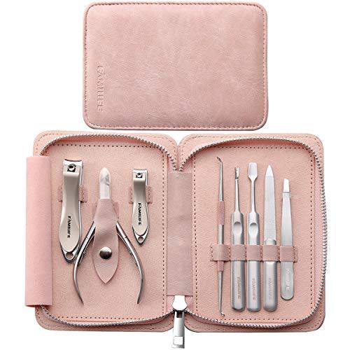 Manicure Set Women, FAMILIFE Nail Clippers Manicure Set 8PCS Manicure Kit Nail Clippers for Women Nail Kit Stainless Steel Manicure Tools with Pink Leather Travel Case Valentines Day Gifts for Her Mom