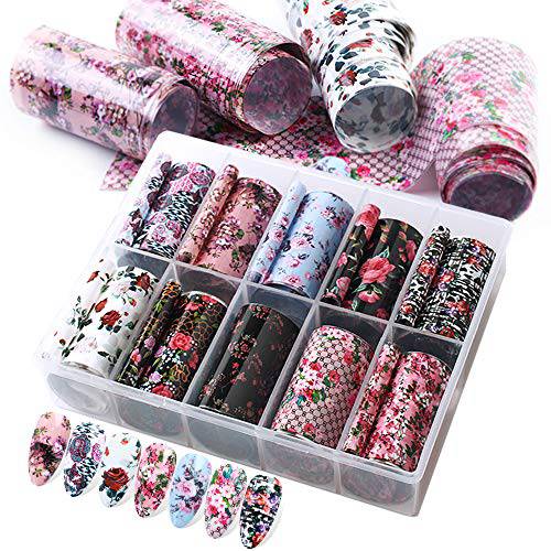 WOKOTO 10 Rolls Foil Nail Art Transfer Stickers Set Rose Flower Starry Star Nail Wraps Decals Manicure Decoration (1.57inches×39.4inches)