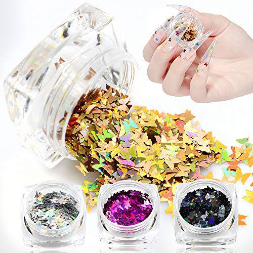 Butterfly Nail Art Stickers Glitter Butterfly Nail Sequins Laser Butterfly Nail Decals Sparkle Nail Flakes Butterfly Nail Design Kit Manicure Tips Charms Butterfly Nail Decorations Accessories 5 Boxes