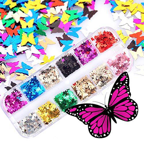 3D Butterfly Glitters Nail Sequins,1 box 12 Colors Confetti Paillettes for DIY Nail Art,Eye Makeup Sequins,Lip Gloss Decorations