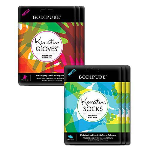 BODIPURE Premium Keratin Gloves and Socks for Hydrating Dull Dry Hands and Cracked Heels – Callus Softening – Nail Strengthening – Skin Brightening and Nourishing – 3 Pairs ea. (3+3 Pack)