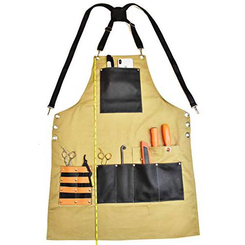 Barber Jean Aprons for Men | Hair Stylist Salon Apron with Leather Pockets, Cross Back Kitchen Chef Apron for Women