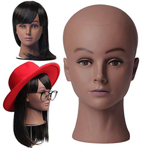 NEWSHAIR Bald Female Mannequin Head with Eyelash Training Head Wig Head Professional Cosmetology for Wig Making and Display Hat Helmet Glasses or Masks Display Head Model with Free T-Pins (Dark Brown)