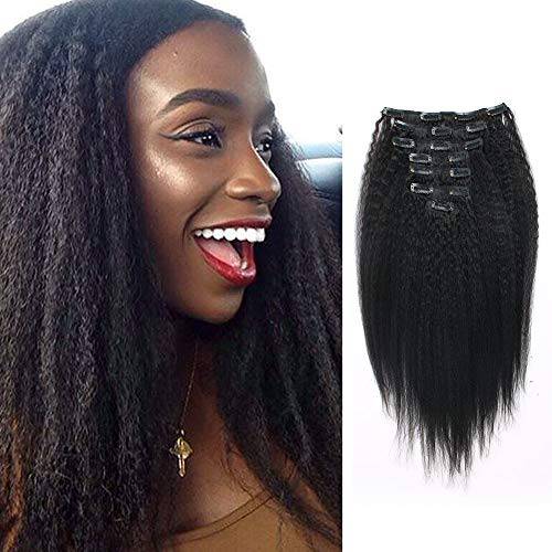 Lovrio Kinky Straight Hair Virgin Brazilian Clip on Human Hair Extensions Double Wefts Real Remy Hair for Black Women 7 Pieces 120g, 17 Clips 16 inch