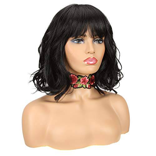 NOBLE Ombre Burgundy Wig with Bangs Short Wavy Wigs with Bangs for Women Shoulder Length Curly Wavy Bob Wig With Bangs Heat Resistant Synthetic Colorful Wigs for Party and Daily Cosplay Use