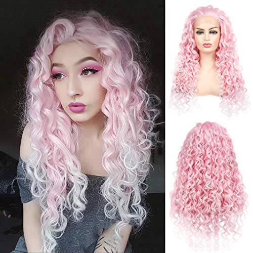 Baruisi Platinum Blonde to Blue Wig Long Wavy Natural Synthetic Middle Part Halloween Cosplay Wigs for Women