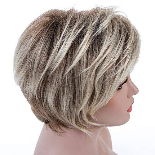 Rosa Star Short Wig Ombre Brown Mixed Blonde Hair Wigs Natural Curly with Bangs Synthetic Hair Fibers Heat Resistant Full Wig for Women