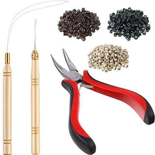 Hair Extension Kit Pliers Pulling Hook Needle Bead Device Tool Kits and 600 Pieces Silicone Lined Micro Rings (Black, Blonde and Brown Beads)