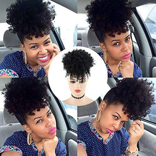 LEOSA Afro Puff Drawstring Ponytail Bun with Bangs Synthetic Short Kinky Curly Ponytail Updo Hair Extensions with Two Clips Natural looking Curly Women