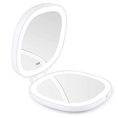KEDSUM Lighted Compact Mirror, 1X/10X Magnifying Mirror, Travel Makeup Mirror with Rechargeable LED Lights, Dimmable Double Sided Folding Mirror, Portable, Daylight, USB Charging (White)