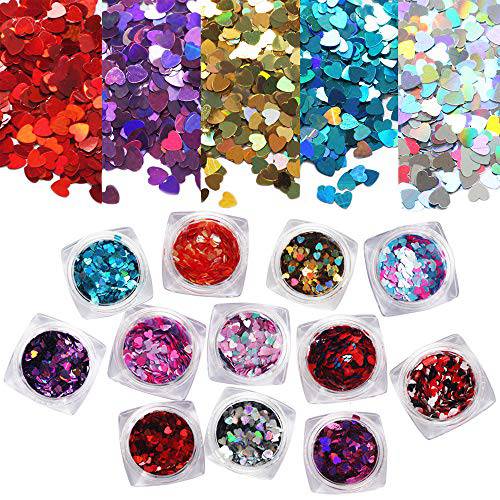12 Boxes Heart Glitter Nail Sequins, EBANKU Holographic Valentine Nail Art Flakes Colorful Confetti Glitter for DIY Design Makeup Face Body Eye Hair Nail Art Design