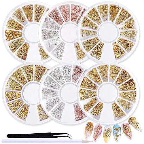 SILPECWEE 6 Boxes 3D Nail Art Decoration Metal Nail Studs Mix-Color Nail Charms Geometry Shaped Star Moon Manicure Kit With 1Pc Tweezers And Picker Pencil