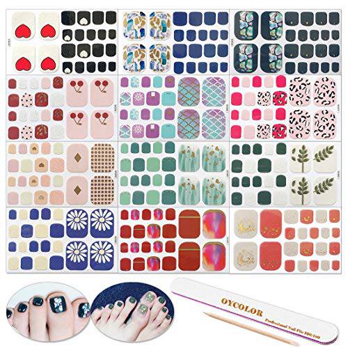 DANNEASY 12 Sheets Adhesive Toe Nail Wraps Polish Decal Strips with 1Pc Nail File + Wood Cuticle Stick Mix-Color Nail Art Stickers Manicure Kit for Women