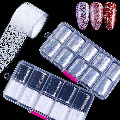 Macute Retro Holographic Nail Foil Transfer Stickers Black White Lace Laser Foils 20 Rolls Nail Art Supplies Starry Paper Designs for Acrylic Decorations Women DIY Nail Arts Manicure Wraps Charms