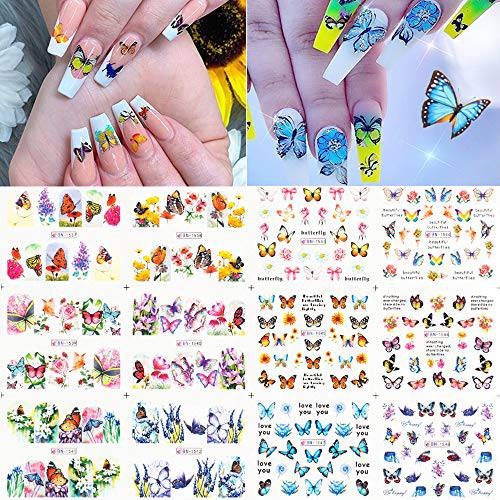 12 Sheets Butterfly Nail Stickers Water Transfer Nail Decals Flowers Butterfly Series Nail Art DIY Decals for Women Girls Decoration Manicure Design