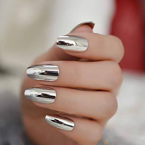 MISUD Medium Coffin Press on Nails, Glossy Silver False Nails, Chrome Metallic Stick on Nails, Full Cover Fake Nails for Women and Girls