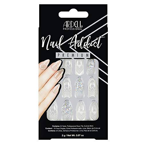 Ardell Nail Addict Premium Artificial Nail Set, Glass Deco, 24-Pc, Medium, Almond-Shape, DIY Press-On Nails, Quick and Easy to Use, with Glue, Cuticle Stick and Nail File