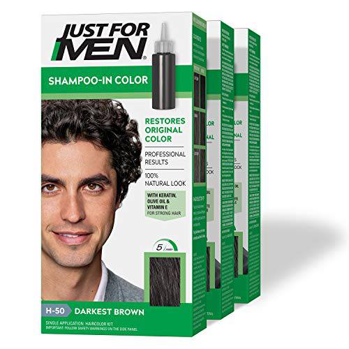 Just For Men Shampoo-In Color, Mens Hair Dye with Vitamin E for Stronger Hair - Darkest Brown, H-50, 3 Pack (Formerly Original Formula) 1 Count