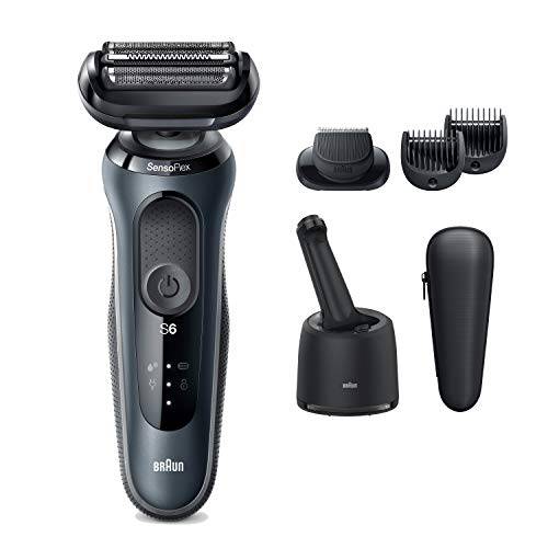 Braun Electric Razor for Men, Waterproof Foil Shaver, Series 6 6075cc, Wet & Dry Shave, With Beard Trimmer for Grooming, Clean & Charge SmartCare Center and Leather Travel Case ,Rechargeable, Black