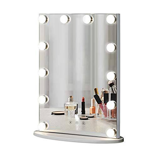 LUXFURNI Vanity Tabletop Hollywood Makeup Mirror w/ USB-Powered Dimmable Light, Touch Control, 12 Day/Warm LED Light (16Wx20L, White)