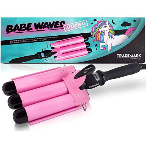 Trademark Beauty Babe Waves 3 Barrel Curling Iron Hair Waver, 1.25 Inch Quick Heat, Adjustable Temperature Hair Curler, Hair Styling Tools, 32mm Jumbo Ceramic Wand, Pink