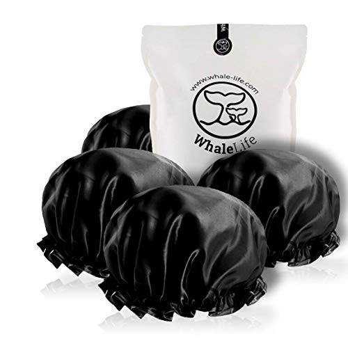 Shower Cap for Men Reusable Extra Large Shower Cap for Women (Black 4 Pack Large) Satin Double Layer EVA Waterproof Long Hair Cap