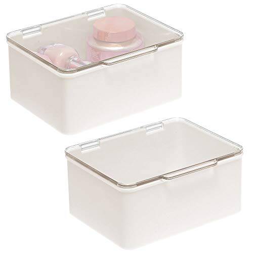 mDesign Plastic Cosmetic Storage Organizer Box Containers with Hinged Lid for Bedroom, Bathroom, and Vanity Shelf or Cabinet, Holds Masks, Palettes, Lotion, Astringents, or Nail Polish, 2 Pack - Clear