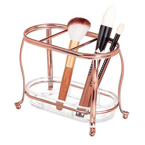 mDesign Decorative Makeup Brush Storage Organizer Tray Stand for Bathroom Vanity Counter Tops, Dressing Tables, Cosmetic Stations - 3 Sections with Removable Bottom Tray - Rose Gold/Clear
