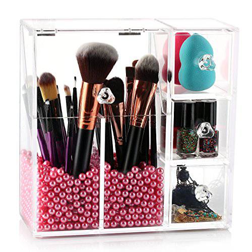 HBlife Makeup Brush Holder, Acrylic Makeup Organizer with 2 Brush Holders and 3 Drawers Dustproof Box, Free Pink Pearl Included