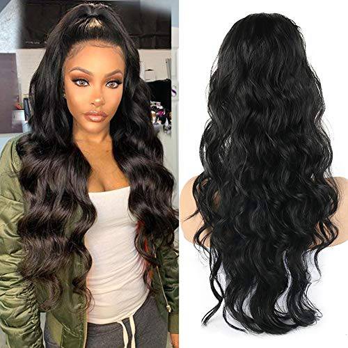 LEOSA 24 Inch Long Body Wave Ponytail Extension Drawstring Heat Resistant Curly Wavy Synthetic Wrap Around Ponytail Black Hairpiece for Women (Black)