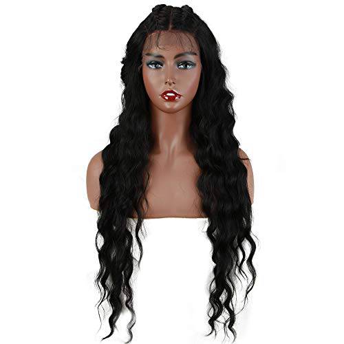 FASHION IDOL Lace Front Curly Wigs 31 Long Synthetic Natural Water Wavy Wig for Black Women Natural Black with E Type HD Lace Wig