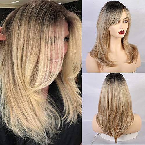 Esmee Synthetic Wigs Long Straight Layered Hairstyle Ombre Black Blonde Gray Ash Full Wigs with Bangs for white Women…