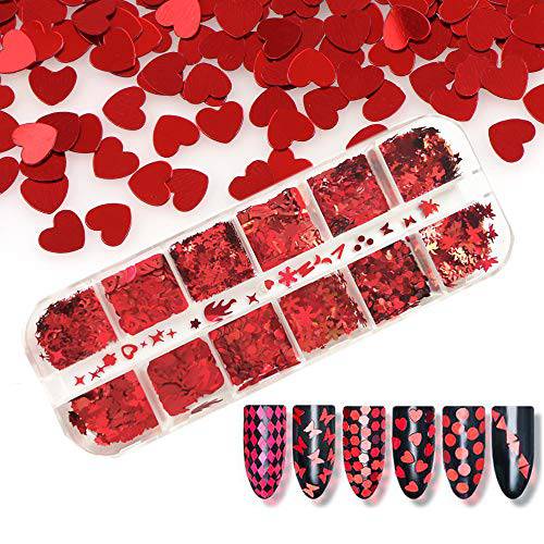 EBANKU 12 Shaped Valentine’s Day 3D Red Holographic Nail Sequins, Butterfly Star Moon Assorted Pattern Flakes Glitter, for Women Nail Art Design DIY Decoration Resin Molds DIY