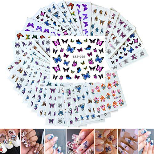 Macute 30 Sheets Butterfly Nail Art Stickers Polish Sliders Butterfly Designs Full Cover Nail Water Transfer Decals Tattoo Foils for Women Fingernails Toenails Decor Manicure Tips Wraps Decorations