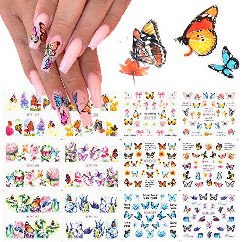 18 Sheets Butterfly Nail Art Stickers Water Transfer Nail Decals Flowers Butterfly Design Nails Supply DIY Colorful Butterflies Nail Art Foils Transfer Sticker Manicure Tips Charms Decor