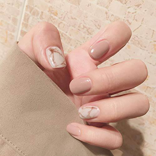 YBSHIN Marble Press on Nails Khaki Square Fake Nails Short Glossy Pure Color Full Cover False Nails for Women and Girls (24Pcs) (A)