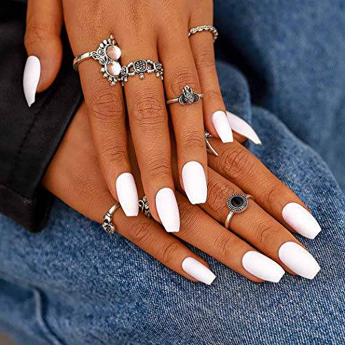 Campsis White Press on Nails Matte Coffin Long Acrylic Fake Nails Clips Cute False Nail Daily for Women and Girls (Pack of 24)