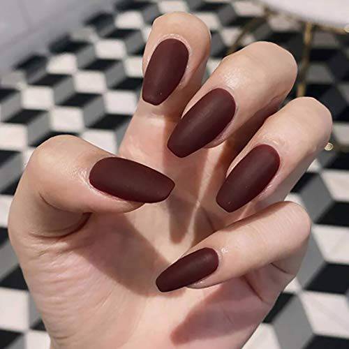 Easedaily Coffin Press on Nails Red Fake Nails Long False Nails Matte Ballerina Full Cover Nails for Women and Girls