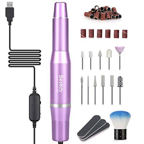 Bestidy Best Gift Electric Nail Drill Kit, USB Manicure Pen Sander Polisher with 6 Pieces Changeable Drills and Sand Bands for Exfoliating, Polishing, Nail Removing, Acrylic Nail Tools (C-Purple)