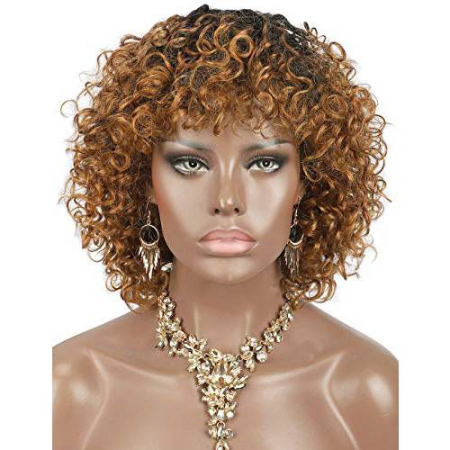 Brinbea 12 Short Curly Wigs for Black Women 100% Brazilian Remy Hair Full Head Wave Curls Lightweight Black Hair Wig with Bangs