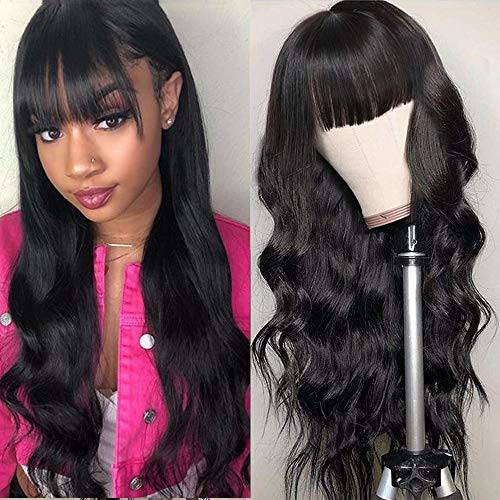 Body Wave Wigs With Bangs Virgin Brazilian None Lace Front Wigs Human Hair Wigs 180% Density Glueless Machine Made Wigs For Black Women (26 inch, Body Wave)